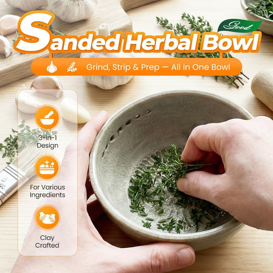 Handmade Garlic Grater and Herb Bowl,Herb Stripper Bowl with Grater,2-in-1 Stoneware Kitchen Prep Tool with 7 Hole Sizes (2 PCS)