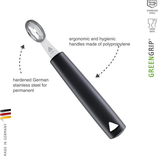 triangle Oval Melon Baller - Stainless Steel Scoop for Fruits, Vegetables, Butter & More - Comfortable, GreenGrip Handle - Dishwasher Safe - Made in Germany
