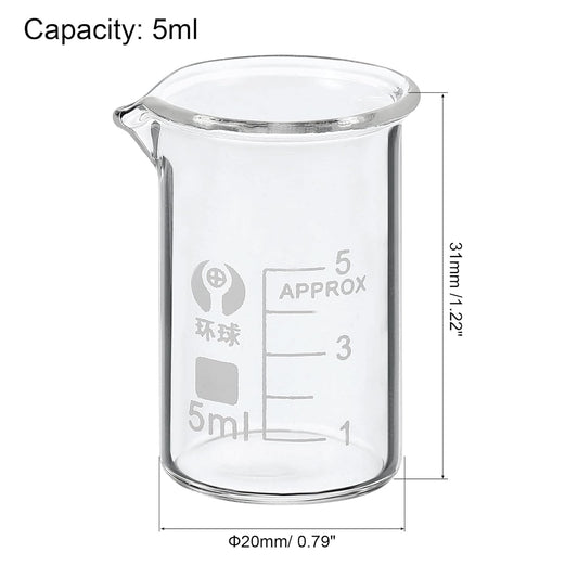 PATIKIL 5ml Low Form Glass Beaker, 3.3 Borosilicate Glass Graduated Printed Scale Measuring Cups with Spout for Kitchen Lab Liquids Transit Boiling