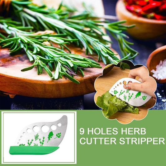 Herb Stripper Tool, 9 holes Stainless Steel Kitchen Herbs Leaf Stripping Tool,2 in 1 design,Curved edge can be used as a kitchen knifefor Chard, for Kale, Collard Greens, Thyme, Basil, Rosemary