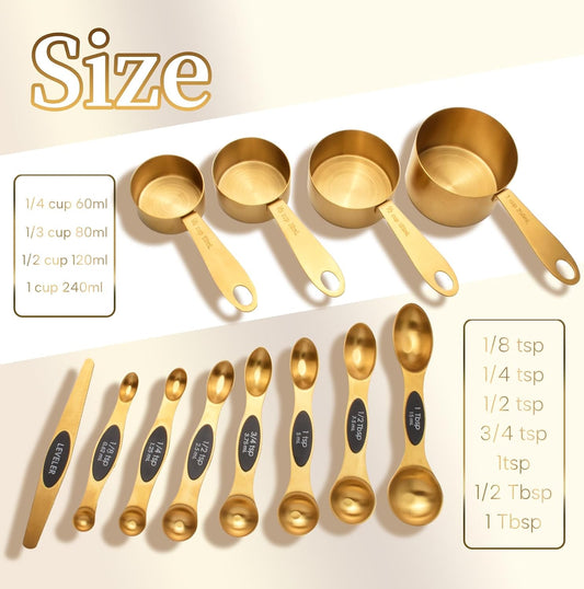 12-Piece Gold Magnetic Measuring Cups and Spoons Set,4 Premium Stainless Steel Gold Measuring Cups,8 Magnetic Measuring Spoons Set with Leveler,Measuring for Dry & Liquid Cooking Baking for Kitchen