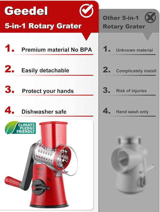 Geedel Rotary Cheese Grater Cheese Shredder with 5 Interchangeable Blades - Upgraded Rotary Grater Featuring Strong Suction Base for Cheese Shredding, Wavy Slicing, Nut Grinding, and Ice Shaving