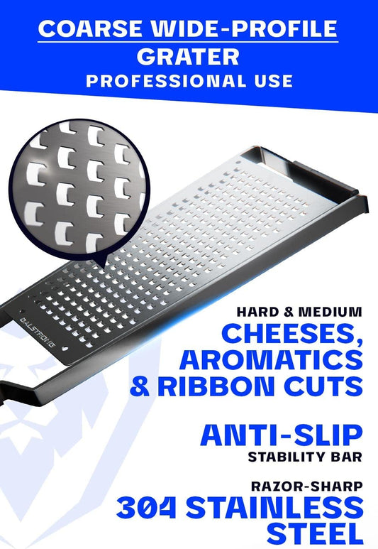 Dalstrong Professional Wide Cheese Grater - Ribbon - #304 Stainless Steel Blade - G10 Handle Kitchen Shredder - w/Blade Cover - Medium/Soft Cheese, Chocolate, Citrus, Root Vegetables - NSF Certified