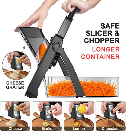 QYKIC Upgrade Safe Mandoline Slicer for Kitchen, Vegetable Chopper and Slicer, Potato Slicer Thickness Adjuster, French Fry Cutter, Veggie Onion Dicer Faster Kitchen Mandolin for Meal Prep (Blue)