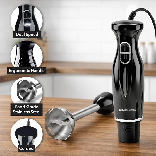 OVENTE Immersion Hand Blender Set, 300W Corded Electric Handheld Stick Mixer, 2 Mixing Speeds with Stainless Steel Blades, Egg Whisk, Beaker & BPA-Free Food Chopper, Black HS565B