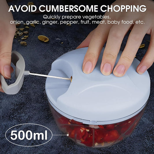 500ml Small Onion and Garlic Mincer Chopper Vegetable Cutter Manual Hand Pull String Fruit and Veggie Chopper Portable for Ginger Chili Pepper Meat Salad - Blue