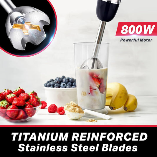 Mueller Multistick 5-in-1 Immersion Blender Handheld,12 Speed Hand Mixer-Turbo Boost,Heaviest Duty Copper Motor,Titanium reinforced Blades Hand Blender,Milk Frother Wand,Whisk,Beaker,Chopper,Grey
