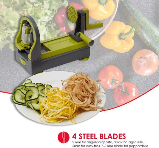 Home Basics 4 Function Tabletop Spiralizer, Green | 4 Razor Sharp Blades | Safety Guards Protect While Using | Durable | Easy to Clean | Great for Vegetables & Fruit | Healthy Way to Prepare Meals