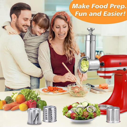 FavorKit Stainless Steel Salad Maker Attachment for KitchenAid Mixers, Large Slicer Shredder & Cheese Grater Accessories with 4 Blades,Dishwasher Safe