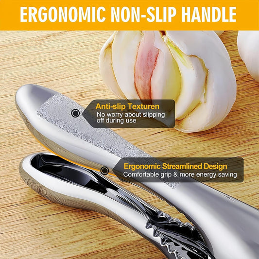 WUJIE Stainless Steel Garlic Press and Slicer - 2-in-1 Crusher and Mincer, Professional Kitchen Tool with Cleaning Brush for Garlic and Ginger