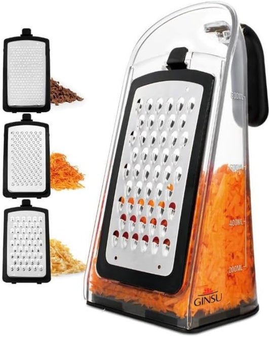 GINSU Plastic 3-in-1 Ergonomic Grater – 5x4x8in Multifunctional Cheese, Vegetable & Fruit Grater with Non-Slip Base and Comfortable Handle for Easy Kitchen Prep