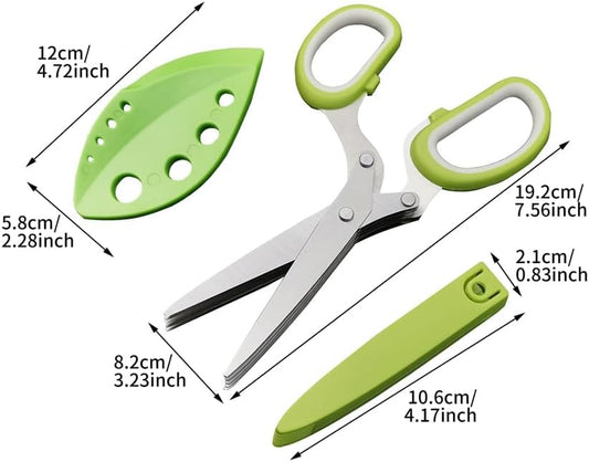 Herb Scissors Set, Stainless Steel 5 Blade Kitchen Salad Scissors with Safety Cover & Cleaning Comb, Multipurpose Herb Stripping Tool(COLOR:Green)