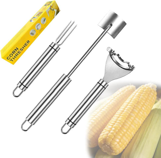 3Pcs Stainless Steel Corn Peeler Set, Kitchen Corn Thresher Tool, Corn Stripper with Fork and Brush