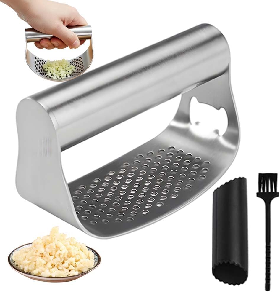 Stainless Steel Garlic Presser, Upgrade Garlic Press Rocker Heavy Duty Mincer Crusher, Garlic Chopper with Peeler And Cleaning Brush for Smash Garlic Kitchen Tools (No Corkscrew)