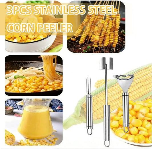 3Pcs Stainless Steel Corn Peeler Set, Kitchen Corn Thresher Tool, Corn Stripper with Fork and Brush