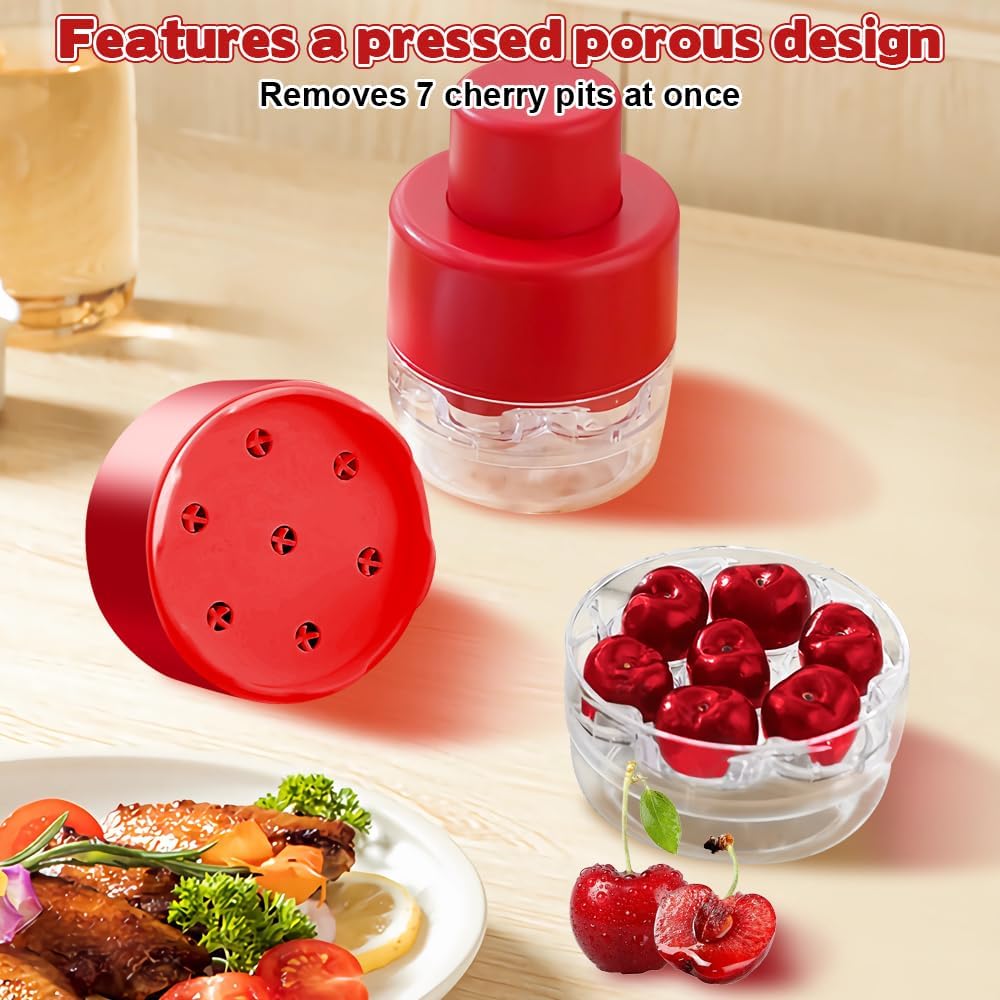 Dayinkes Cherry Pitter Tool - Pit 7 Cherries at Once, Portable Cherry Seed Remover, Quick-Release Cherry Pitter, Suitable for Cherry, Grape and Olive (Red)