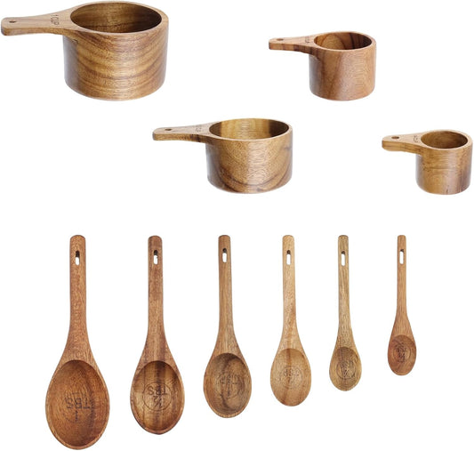 10pcs Wood Measuring Cups and Measuring Spoons Set Handcrafted Natural Wood Tablespoon Kitchen Utensils Wooden Measuring Cups and Spoons Set for Dry Ingredients Cooking Baking