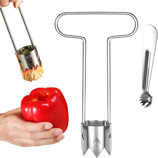 Red Bell Pepper Seed Corer - 304 Stainless Steel Fruit Vegetable Stem Remover for Pepper Pineapple Pear Apple Tomato, Easy to Use & Clean Kitchen Gadgets Tool