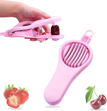 Strawberry Slicer Cherry Pitter 2 in 1, Fruit Slicer Strawberry Cutter Slicer Stainless Steel Fruit Cutter for Hawthorn/Red Date/Olives/Strawberries/Tomatoes