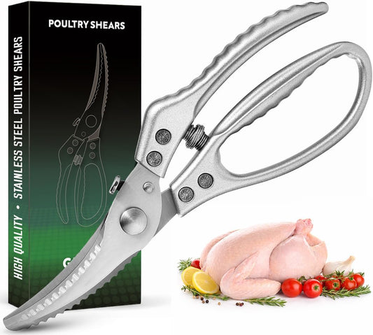 Heavy Duty Poultry Shears - Kitchen Scissors for Cutting Chicken, Poultry, Game, Meat - Chopping Vegetable - Spring Loaded - Red