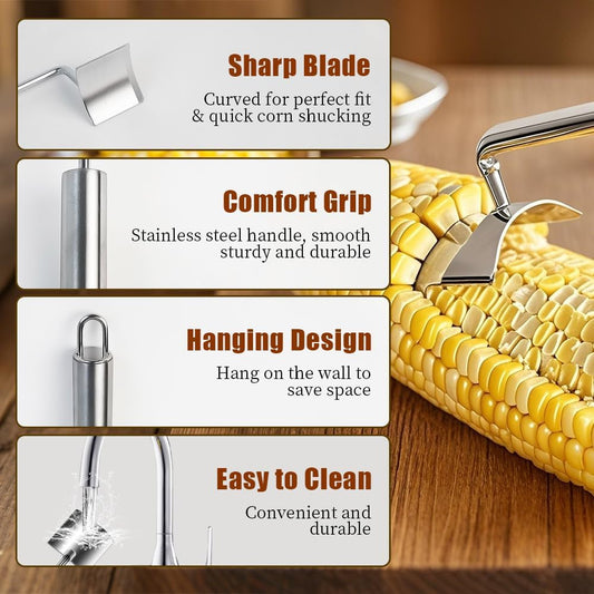 2Pcs Corn Peeler for Corn on the Cob, Long Handle Remover Corn Peelers with Corn Holder, Stainless Steel Corn Stripper Quickly Shucking Easy Clean Corn Scraper Tool for Kitchen Dining