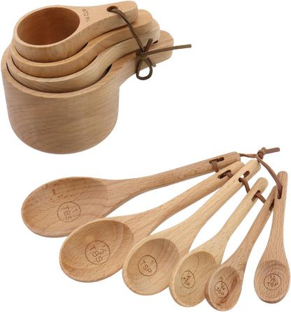 10pcs Wood Measuring Cups and Measuring Spoons Set Handcrafted Natural Wood Tablespoon Kitchen Utensils Wooden Measuring Cups and Spoons Set for Dry Ingredients Cooking Baking