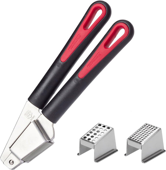 Westmark Gallant Plus 29392270 Garlic Press with Two Press Inserts: Fine and Coarse, Plastic/Stainless Steel, Black/Red/Silver