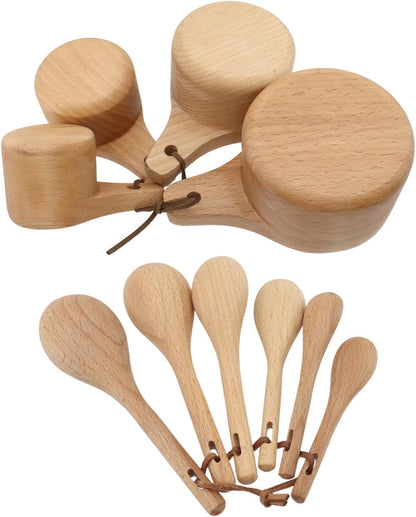 10pcs Wood Measuring Cups and Measuring Spoons Set Handcrafted Natural Wood Tablespoon Kitchen Utensils Wooden Measuring Cups and Spoons Set for Dry Ingredients Cooking Baking