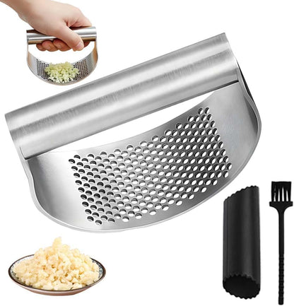 Stainless Steel Garlic Presser, Upgrade Garlic Press Rocker Heavy Duty Mincer Crusher, Garlic Chopper with Peeler And Cleaning Brush for Smash Garlic Kitchen Tools (No Corkscrew)