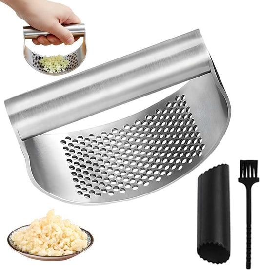 Stainless Steel Garlic Presser, Upgrade Garlic Press Rocker Heavy Duty Mincer Crusher, Garlic Chopper with Peeler And Cleaning Brush for Smash Garlic Kitchen Tools (No Corkscrew)