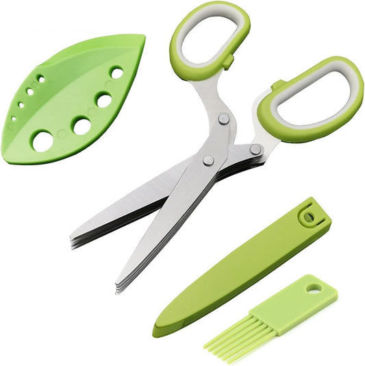 Herb Scissors Set, Stainless Steel 5 Blade Kitchen Salad Scissors with Safety Cover & Cleaning Comb, Multipurpose Herb Stripping Tool(COLOR:Green)