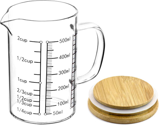 QWORK Glass Measuring Cup, 500ML (18 Oz, 2 Cup), High Borosilicate Glass Scale Cup with Handle and Durable Bamboo Lid, for Kitchen or Restaurant