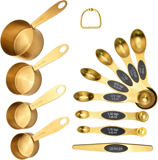 12-Piece Gold Magnetic Measuring Cups and Spoons Set，4 Premium Stainless Steel Gold Measuring Cups，8 Magnetic Measuring Spoons Set with Leveler，Measuring for Dry & Liquid Cooking Baking for Kitchen
