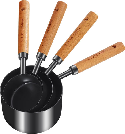 GuDoQi 8Pcs Gold Measuring Cups and Spoons Set, Wooden Handle, Premium Stainless Steel with Metric & US Measurements, Nesting for Dry/Liquid Kitchen/Food/Baking