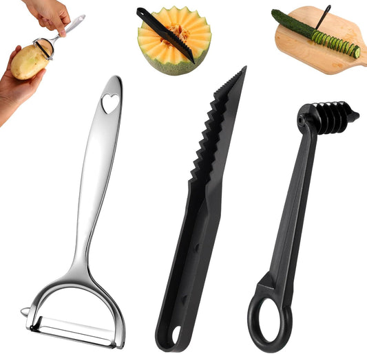 3pcs Vegetable Spiral Cutter with V-Cutter & Peeler Set, Manual ABS Plastic Spiralizer Slicer & Zinc Alloy Peeler Practical Kitchen Knife Tool for Potatoes Carrots Cucumbers Fruits