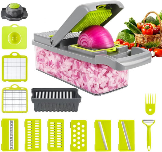 16-in-1 Vegetable Cutter Slicer – Multifunctional Vegetable Chopper with Stainless Steel Blades, Manual Onion Cutter, Food Slicer & Dicer for Kitchen, Salad Maker.