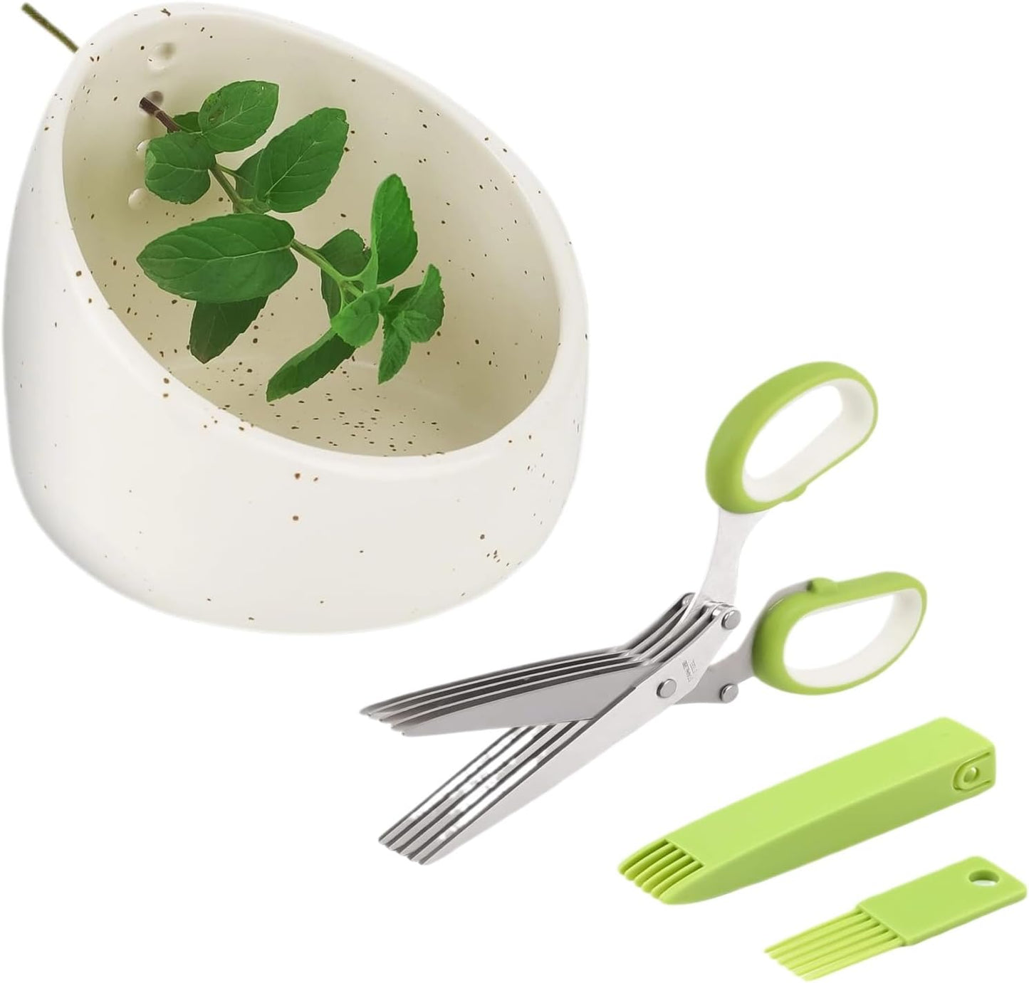 Pottery Herb Stripper Bowl Set – 2 Piece, Including 5-Blade Stainless Steel Herb Cutter Scissors, Herb Stripping Tool & Handmade Pottery Herb Stripper Bowl, For Stripping Leaves and Rhizomes (White)