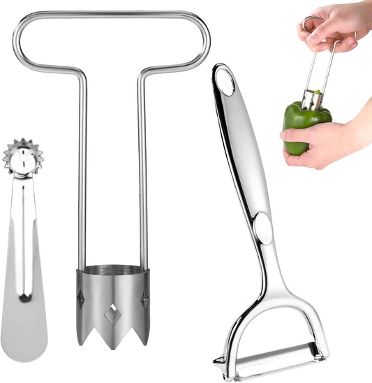 Red Bell Pepper Seed Corer, Upgraded T Shaped Vegetable and Fruit Corer Stainless Steel Tomato Apple Seed Remover Tool Practical Kitchen Gadget for Removing Fruit & Vegetable Cores