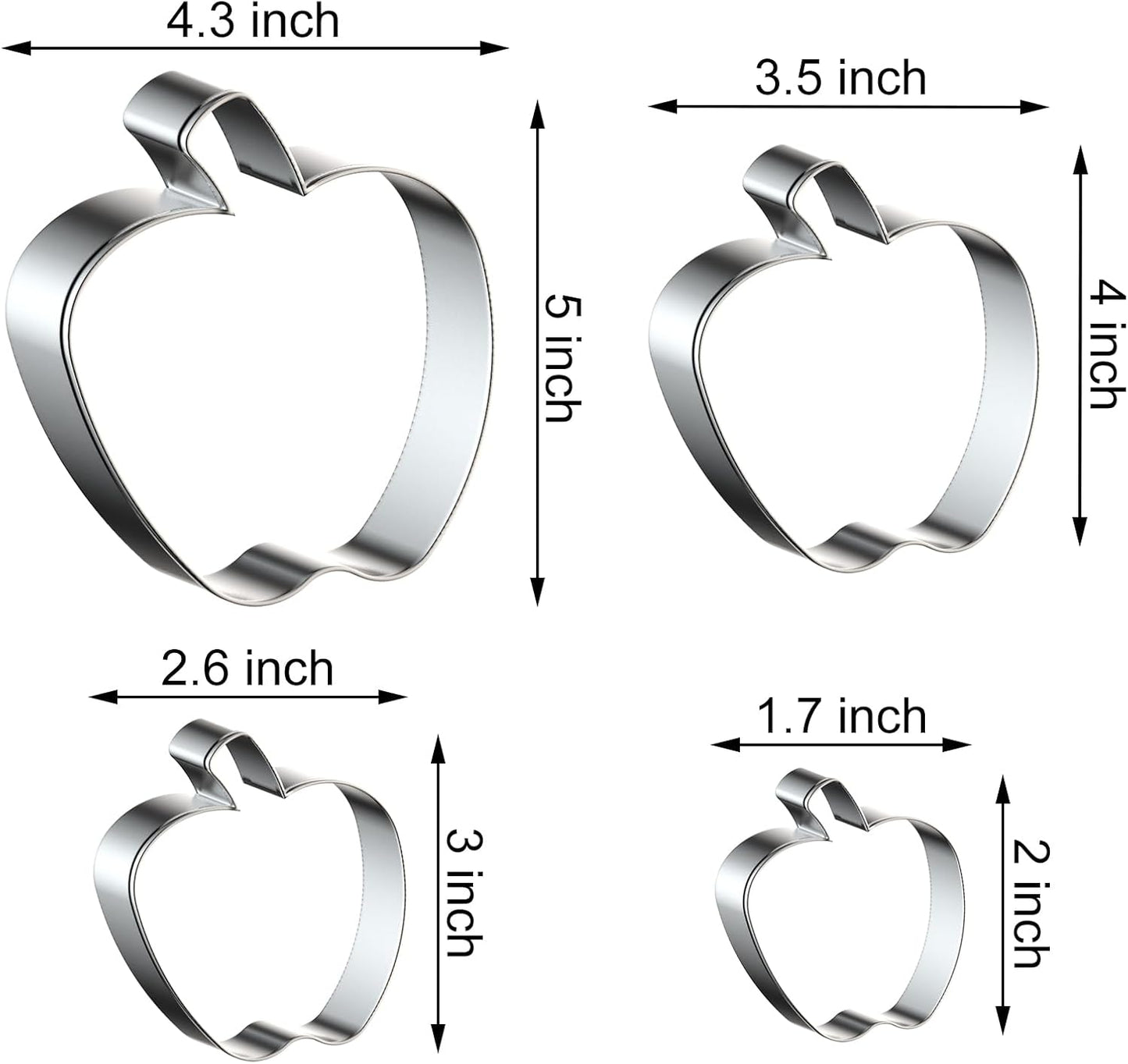 Apple Cookie Cutter Set Large Small Mini - 5 inch, 4 inch, 3 inch, 2 inch - 4 Piece Fruit Cookie Cutters Shapes Fondant Biscuit Clay Mold- Stainless Steel