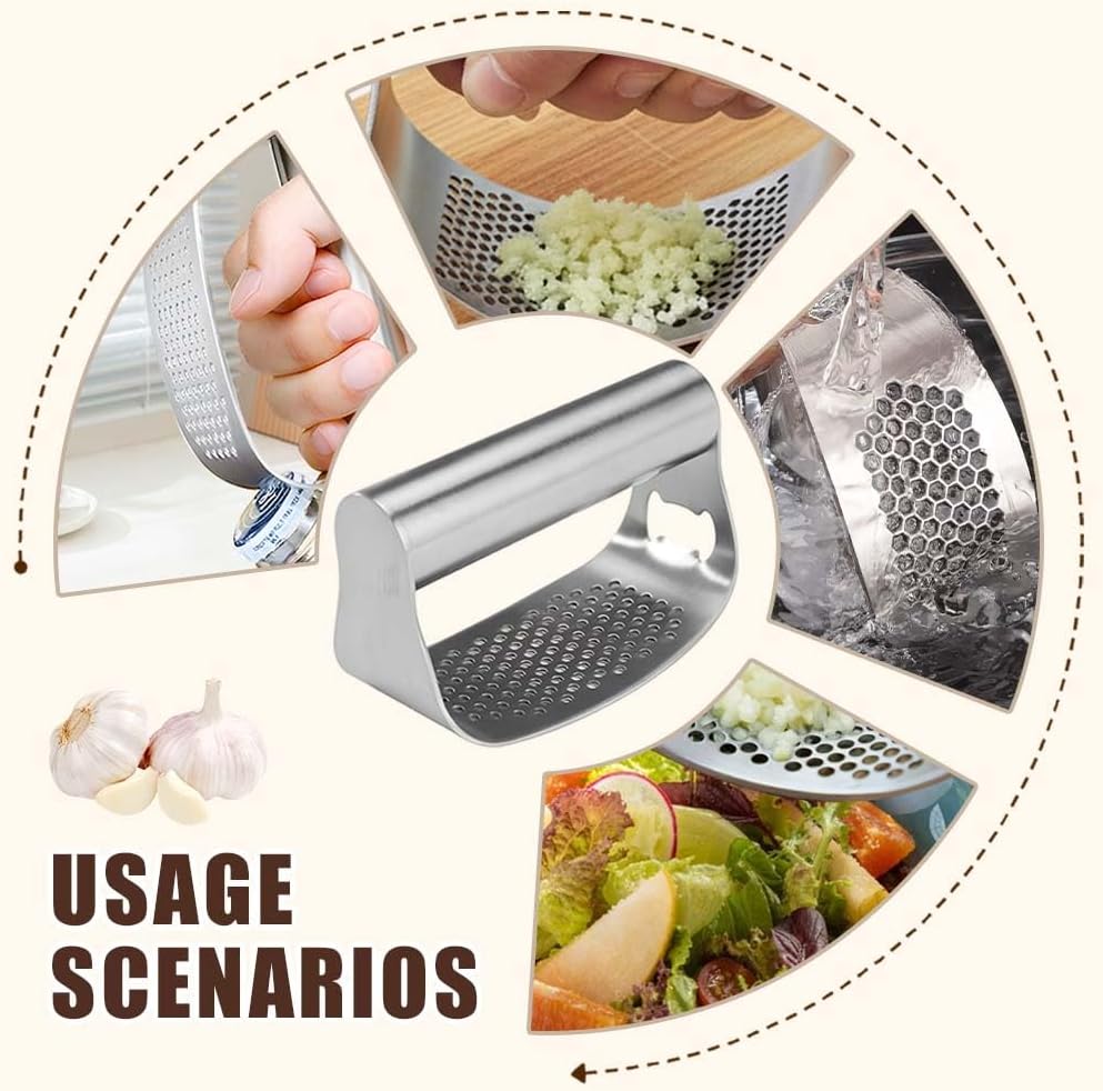 Stainless Steel Garlic Presser, Upgrade Garlic Press Rocker Heavy Duty Mincer Crusher, Garlic Chopper with Peeler And Cleaning Brush for Smash Garlic Kitchen Tools (No Corkscrew)