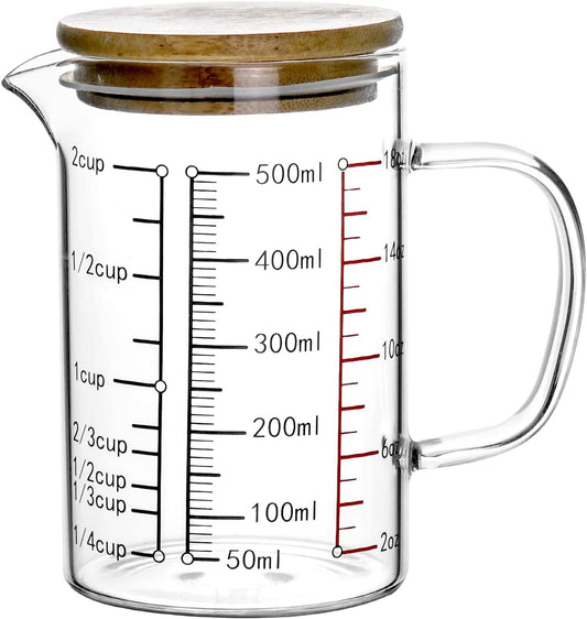 QWORK Glass Measuring Cup, 500ML (18 Oz, 2 Cup), High Borosilicate Glass Scale Cup with Handle and Durable Bamboo Lid, for Kitchen or Restaurant