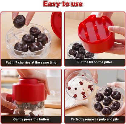 Dayinkes Cherry Pitter Tool - Pit 7 Cherries at Once, Portable Cherry Seed Remover, Quick-Release Cherry Pitter, Suitable for Cherry, Grape and Olive (Red)