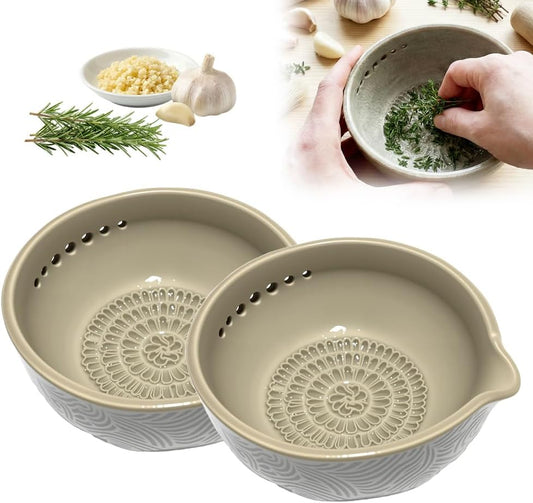 Handmade Garlic Grater and Herb Bowl,Herb Stripper Bowl with Grater,2-in-1 Stoneware Kitchen Prep Tool with 7 Hole Sizes (2 PCS)