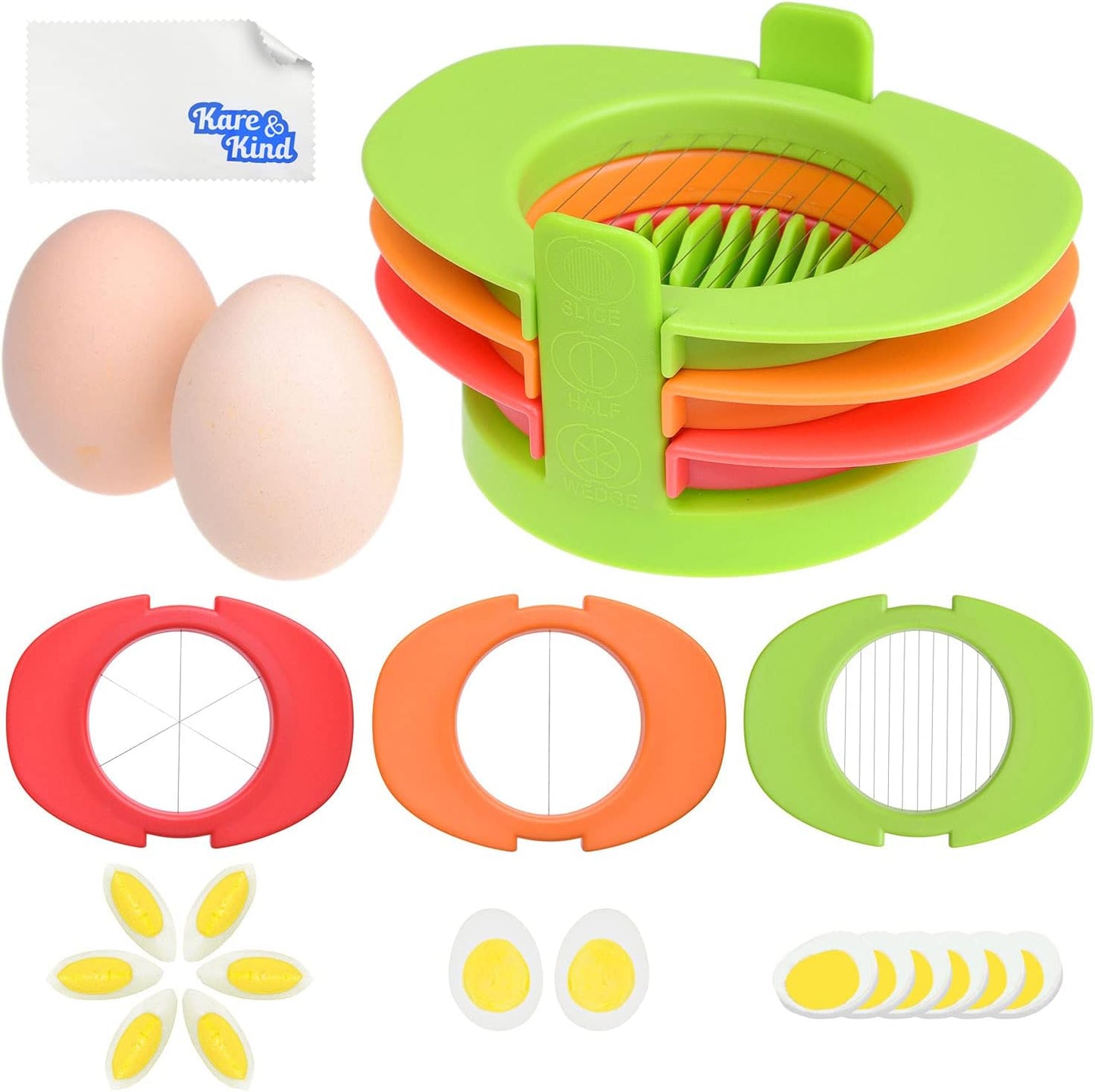 Egg Slicer Set with 3 Cutters - Cut Boiled Eggs into Thin Slices, Wedges or Halves - Easy Manual Egg Slicing - No Power, No Noise - Great for Sandwiches, Salads and Hors d'Oeuvres - With Slicer Stand