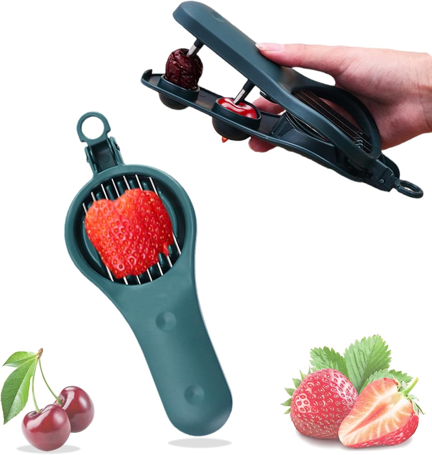 Strawberry Slicer Cherry Pitter 2 in 1, Fruit Slicer Strawberry Cutter Slicer Stainless Steel Fruit Cutter for Hawthorn/Red Date/Olives/Strawberries/Tomatoes