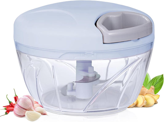 500ml Small Onion and Garlic Mincer Chopper Vegetable Cutter Manual Hand Pull String Fruit and Veggie Chopper Portable for Ginger Chili Pepper Meat Salad - Blue