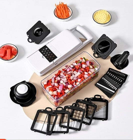Multifunctional Pro Chopper - Vegetable Chopper and Spiralizer, Food Chopper with Container, Fruit Slicer, Kitchen Gadgets & Gifts, Home Essentials, White and black (22 Peice set)