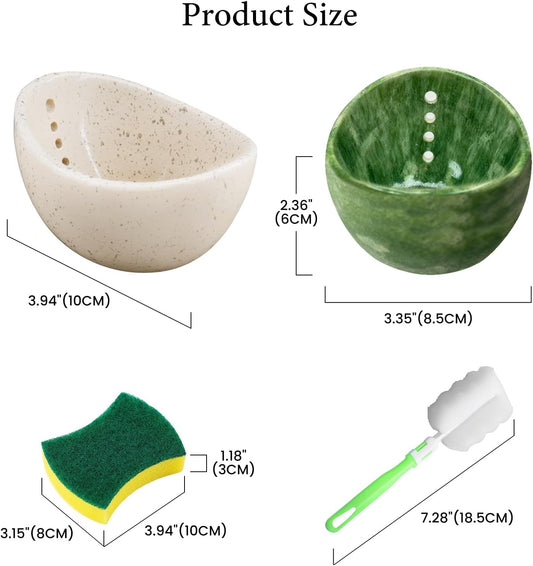 2pcs Pottery Herb Stripper Bowl (Green+White),Handmade Ceramic Herb Stripper with Different Sizes of Round Holes,Kitchenware for Efficient Leaf Stripping