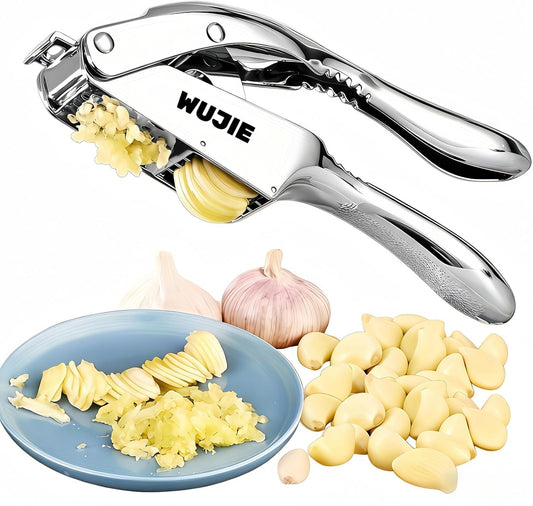 WUJIE Stainless Steel Garlic Press and Slicer - 2-in-1 Crusher and Mincer, Professional Kitchen Tool with Cleaning Brush for Garlic and Ginger