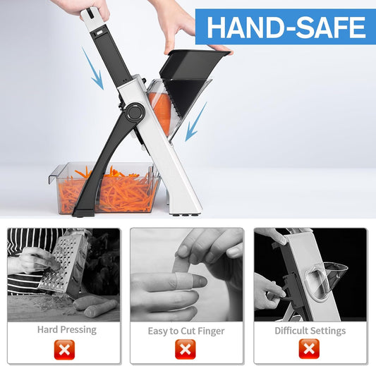 [All in 1] Upgraded Version Safe Mandoline Slicer for Kitchen, Adjustable Thickness. and Spiralizer, Veggie Slicer, Rapid Prep Mandoline, Detachable Blade, Cleaning Brush (High-grade Gray)